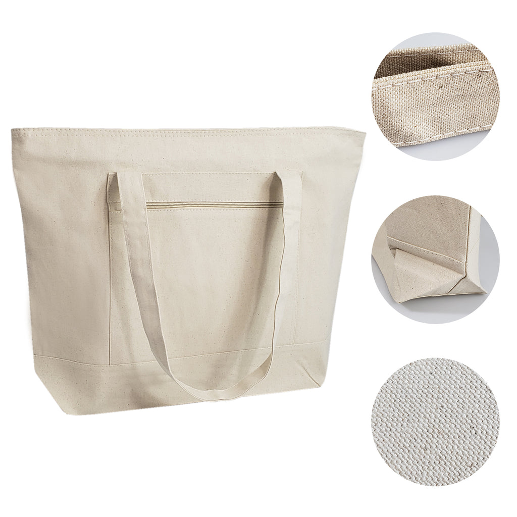 Zippered Cotton Canvas Tote Bag w/ Gusset Top - Natural